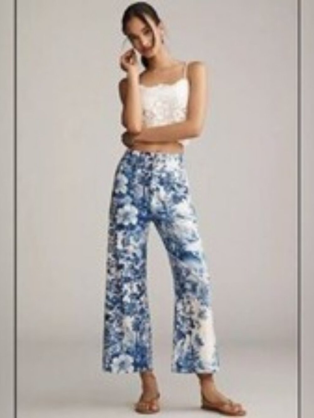 Maeve Colette Linen Wide Leg Cropped Pants Blue Floral Toile Anthropologie 27 - Picture 10 of 10